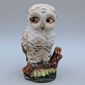Vintage Porcelain Snowy Owl Figurine on Tree Stump |  Bird Collectible